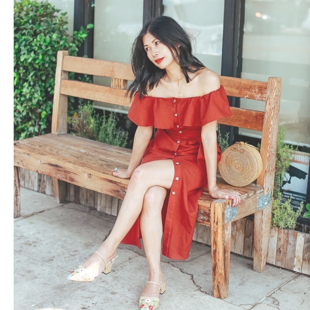 Zara Rust Red Linen Off The Shoulder Ruffle Button Front Midi Dress